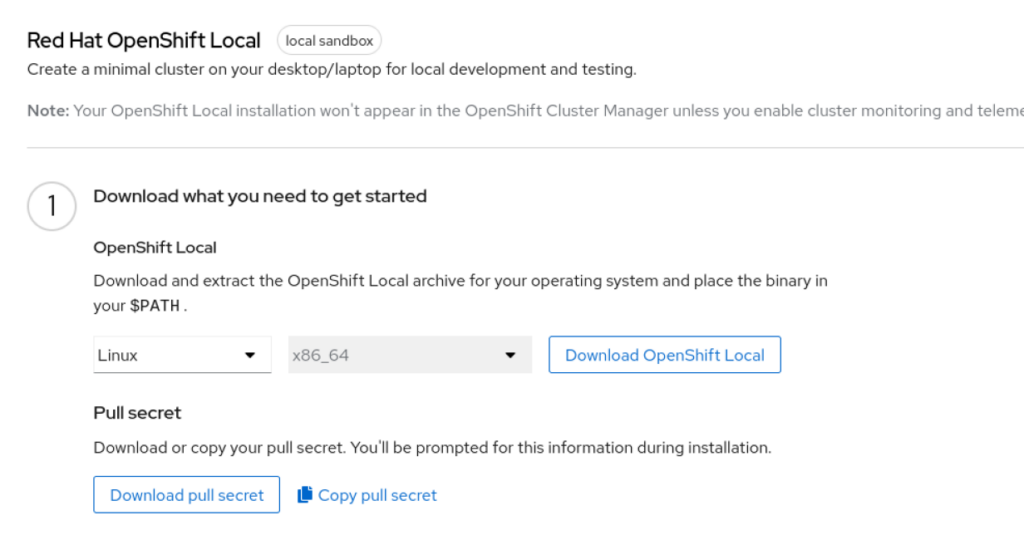 OpenShift local download options